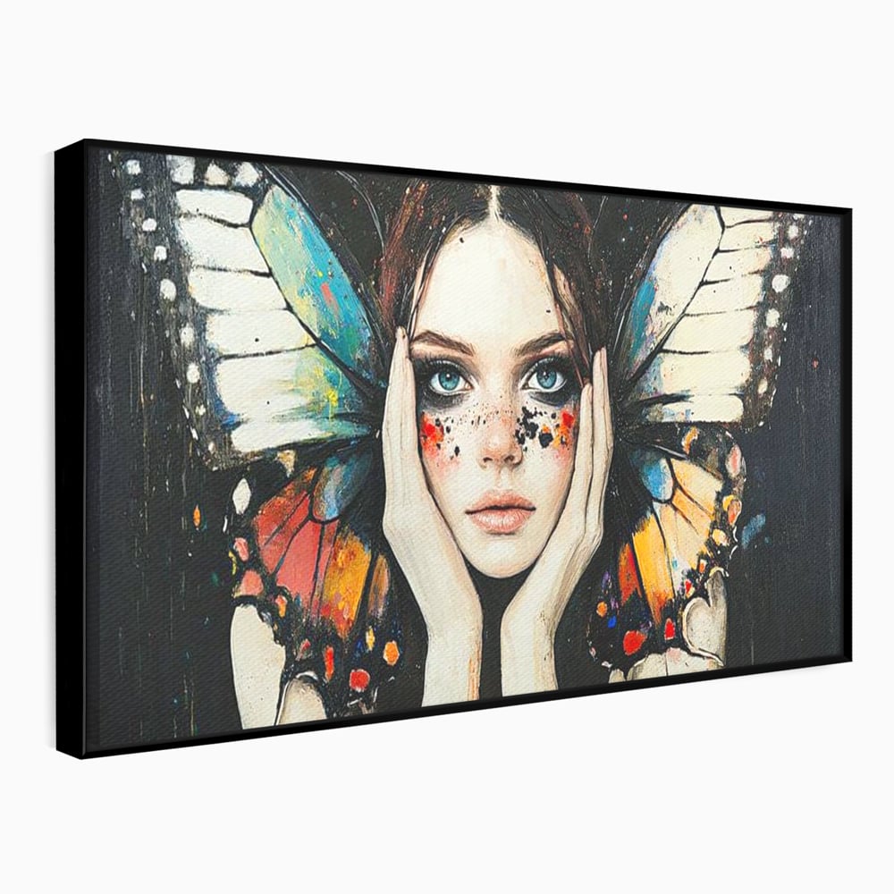 Tablou canvas cu tablou canvas cu femeie si aripi de fluture, in rama de aluminiu negru
